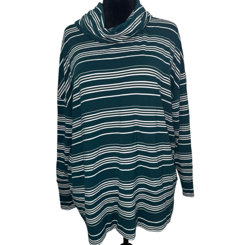 Women's Garnet Hill Green & White Striped Cowl Neck Tunic Top XL